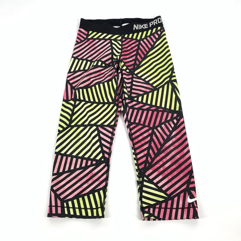 Nike Pro Cropped Geometric Print Pull On Athletic Pants Small Womens Neon Black